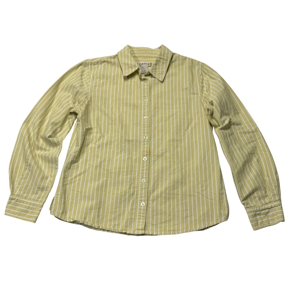 Orvis Shirt Button Down Womens Size 6 Celery White Striped 100% Cotton Preppy